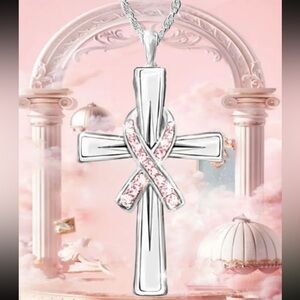 Pink Ribbon Necklace, Breast Cancer Survivor Necklace, Cross Necklace